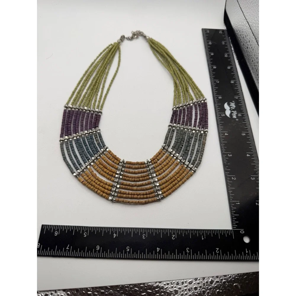 Boho Multi Strand Seed Bead Bib Statement Necklace Earth Tones Colorblock Silver